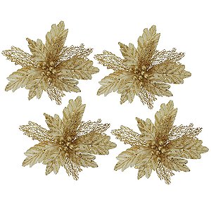 Kit 4 Flores Bico de Papagaio Natalina Pick Recort Luxo com Glitter Dourado 25cm