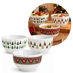 Conjunto 3 Tigelas Cumbucas de Porcelana Prime Decoradas Natal 500ml - Mundial Casa