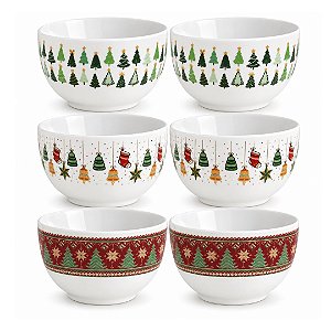 Conjunto 6 Tigelas Cumbuca Porcelana Prime Decoradas Natal 500ml - Mundial Casa