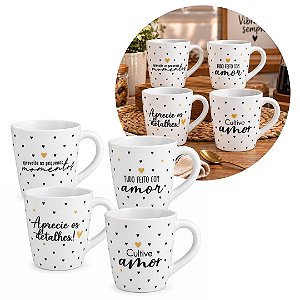 Jogo 4 Canecas Porcelana 150ml Corações e Frases Preto e Dourado