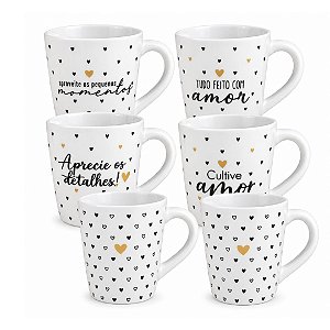 Jogo 6 Canecas de  Porcelana 150ml Mini Corações e Frases Preto e Dourado Prime