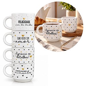 Jogo 4 Xícaras de Chá Porcelana Prime 200ml Empilháveis Frases e Corações