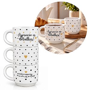 Jogo 3 Xícaras de Chá Porcelana Prime 200ml Empilháveis Frases e Corações Preto e Dourado