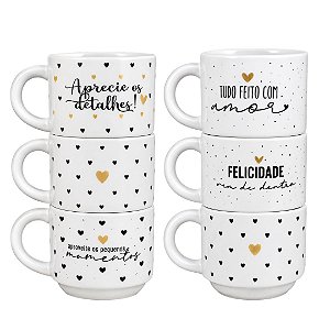 Jogo 6 Xícaras de Chá Porcelana Prime 200ml Empilháveis Frases e Corações