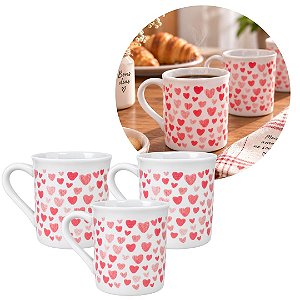 Kit 3 Mini Canecas Porcelana Branca 150ml Corações Vermelhos Prime