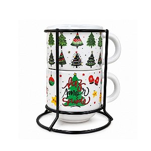 Kit 2 Xícaras de Chá c/ Suporte Estampa Natal Pinheiros Porcelana 200ml Empilháveis