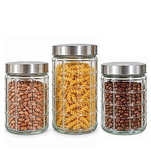 Kit 3 Potes de Vidro Porta Mantimentos 1200ml e 1700ml Tampa Prata - Mundial Casa