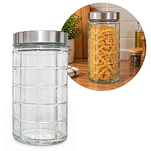 Pote de Vidro Redondo Porta Mantimentos Design Quadriculado 1700ml Tampa Prata - Mundial Casa