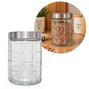 Pote de Vidro Redondo Porta Mantimentos Design Quadriculado 1200ml Tampa Prata - Mundial Casa