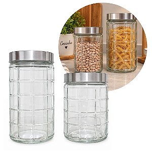 Jogo 2 Potes de Vidro Porta Mantimentos 1200ml e 1700ml Tampa Prata - Mundial Casa