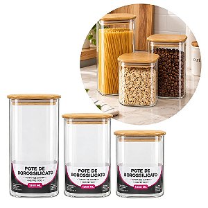 Conjunto Porta Mantimento 3 Potes Herméticos Vidro Borossilicato Tampa Bambu 19cm, 15cm  e 12cm