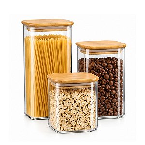 Kit 3 Potes Herméticos Vidro Borossilicato Quadrado Tampa Bambu 1000ml, 1200ml e 1500ml