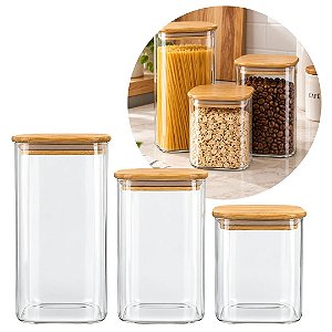 Jogo 3 Potes Herméticos Vidro Borossilicato Tampa Bambu 1000ml 1200ml e 1500ml