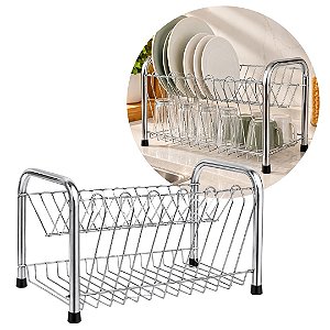 Escorredor de Louças Duplo Aço Cromado 13 Pratos 6 Copos + Base Inferior Multiuso