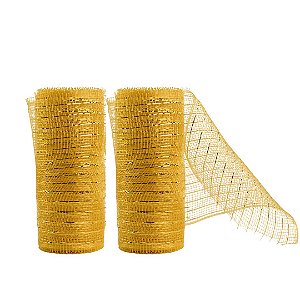 Kit 2 Telas Decorativa Natalina Dourada 15cm x 5 Metros Malha Tule Flexível Prime