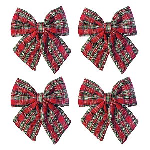 Kit 4 Laços Natalino Tecido Xadrez Vermelho Prime 16x15cm - Magizi
