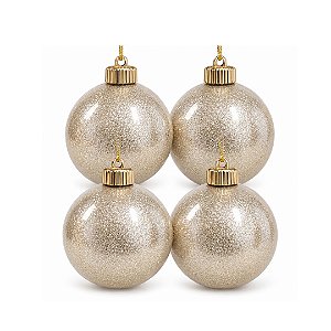Kit 4 Bolas de Natal Glitter Champanhe Perolado Luxo 8cm com  Cordão Dourado
