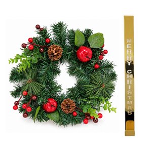 Kit Guirlanda Decorada 30cm Luxo Pinhas e Berries + Suporte Metal Dourado - Master Christmas