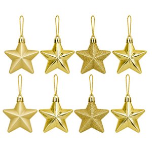 Kit 8 Estrelas Pendentes Natal 7cm x 7cm Mix Dourado Glitter, Lisa e Fosca - Master Christmas