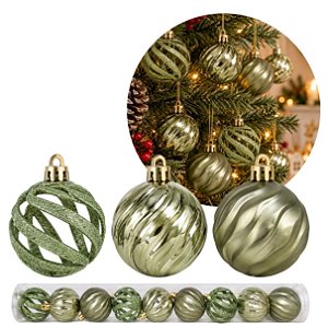 Jogo 9 Bolas de Natal Verde Musgo 6cm Mix Texturas Premium - Master Christmas