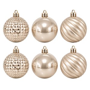 Kit 6 Bolas de Natal Champanhe 8cm Mix Perolada Fosca e Facetada Prime