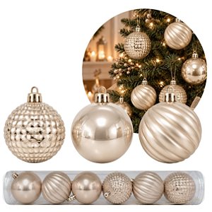 Kit 6 Bolas de Natal Champanhe Perolado Luxo 8cm Mix Fosca e Facetada - Master Christmas