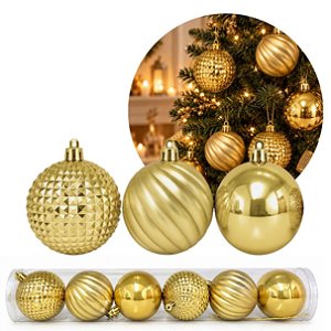 Kit 6 Bolas de Natal Douradas 8cm Mix Perolada Fosca e Facetada Luxo - Master Christmas