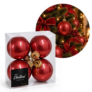 Jogo 4 Bolas de Natal Vermelho Perolado Luxo 8cm com Argola e Cordão Dourado