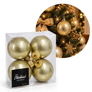 Jogo 4 Bolas de Natal Dourado Perolado Luxo 8cm com Argola e Cordão Dourado