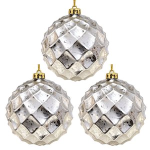 Kit 3 Bolas de Natal Grande 15cm Champanhe Prata Facetada Diamante Luxo