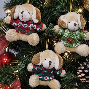 Kit 3 Mini Pelúcias Cachorro Natalino Pendente 11cm Dog Bege com Roupa Tricô Premium - Master Christmas