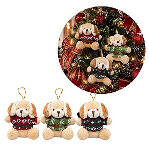 Kit 3 Mini Pelúcias Pendente Cachorro Dog Natalino 11cm com Roupa Tricô - Master Christmas