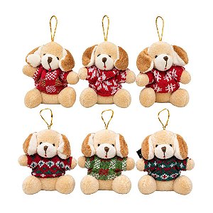 Kit 6 Mini Pelúcias Cachorro Natalino Pendente 11cm com Roupa Tricô