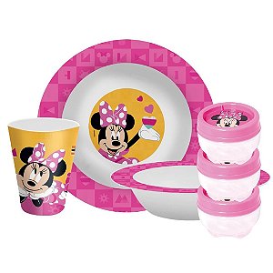 Kit Refeição Infantil Minnie Disney 6 Peças Prato, Tigela, Copo Melamina e Potes Multiuso