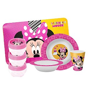 Kit Refeição Infantil Minnie Disney 7 Peças Melamina Prato, Tigela, Copo, Lugar Americano e Potes Multiuso