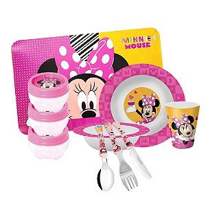 Kit Refeição Infantil Minnie 10 Peças Melamina Prato, Tigela, Copo, Lugar Americano e Talheres - Tuut