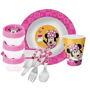 Kit Refeição Infantil Minnie Disney 9 Peças Prato, Tigela, Copo e Talheres - Tuut