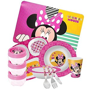 Kit Refeição Infantil Minnie 11 Peças Pratos, Tigela, Copo, Lugar Americano e Talheres - Tuut