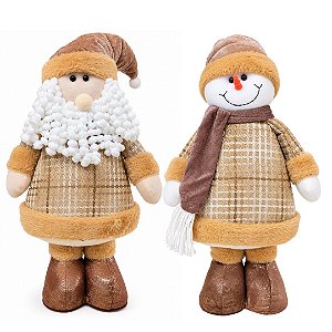 Jogo Papai Noel e Boneco de Neve Decorativo Pelúcia Tricô Mocha Marrom e Bege Luxo 41cm - Master Christmas