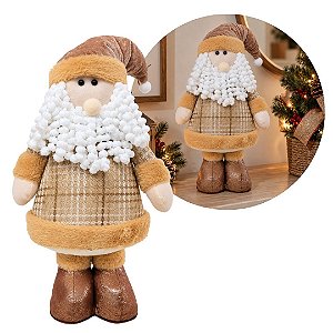 Papai Noel Decorativo Pelúcia Tricô Mocha Marrom e Bege Luxo 41cm - Master Christmas