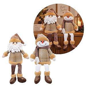 Jogo Papai Noel e Boneco de Neve Decor Sentado Perna Mole Tricô Mocha Marrom e Bege Luxo 40cm