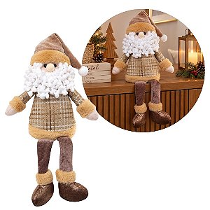 Papai Noel Decorativo Sentado Perna Mole Tricô Mocha Marrom e Bege Luxo 40cm