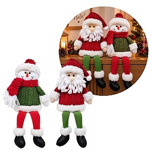 jogo Papai Noel e Boneco de Neve Decorativo Sentado Perna Mole Tricô Vermelho e Verde Luxo 40cm
