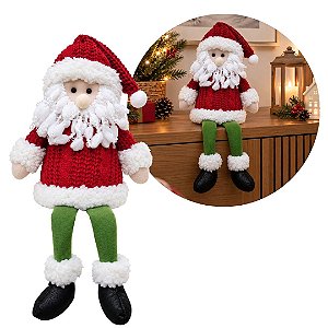 Papai Noel Decorativo Sentado Perna Mole Tricô Vermelho e Verde Luxo 40cm
