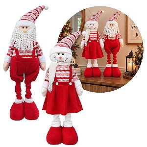 Jogo Papai Noel e Boneco de Neve Retrátil 46 a 73cm Pelúcia Vermelho e Branco Prime Estica e Encolhe!