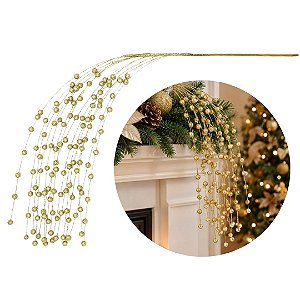 Galho Decorativo Natalino Caimento Lateral Mini Bolas Dourado com Glitter 84cm