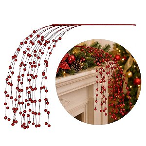 Galho Decorativo Natalino Caimento Lateral Mini Bolas Vermelhas com Glitter 84cm