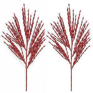 Kit 2 Galhos Decorativo Pick Natalino Setarias Vermelho Espiral Aramado 60cm