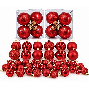 Kit Completo 50 Bolas de Natal Vermelhas Mistas Glitter, Brilho e Perolada 8cm, 5cm e 3cm - Mundial Casa