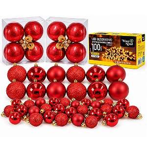 Kit Completo 50 Bolas de Natal Vermelhas + Pisca LED Estrobo 100 LEDs 8m 127V - Mundial Casa